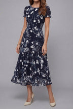 Floral Crew Neck Short Sleeve Midi Dress - Elegant Occasion Wear | Meave & Ivy