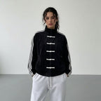 Retro Track Jacket with Button Loops & Contrast Stripes – Velour Look Zip Jacket