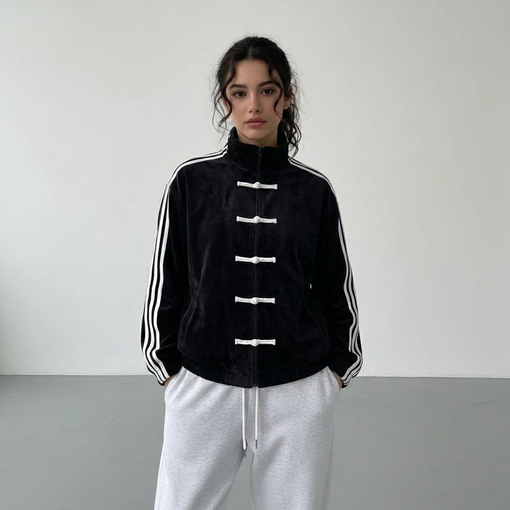 Retro Track Jacket with Button Loops & Contrast Stripes – Velour Look Zip Jacket