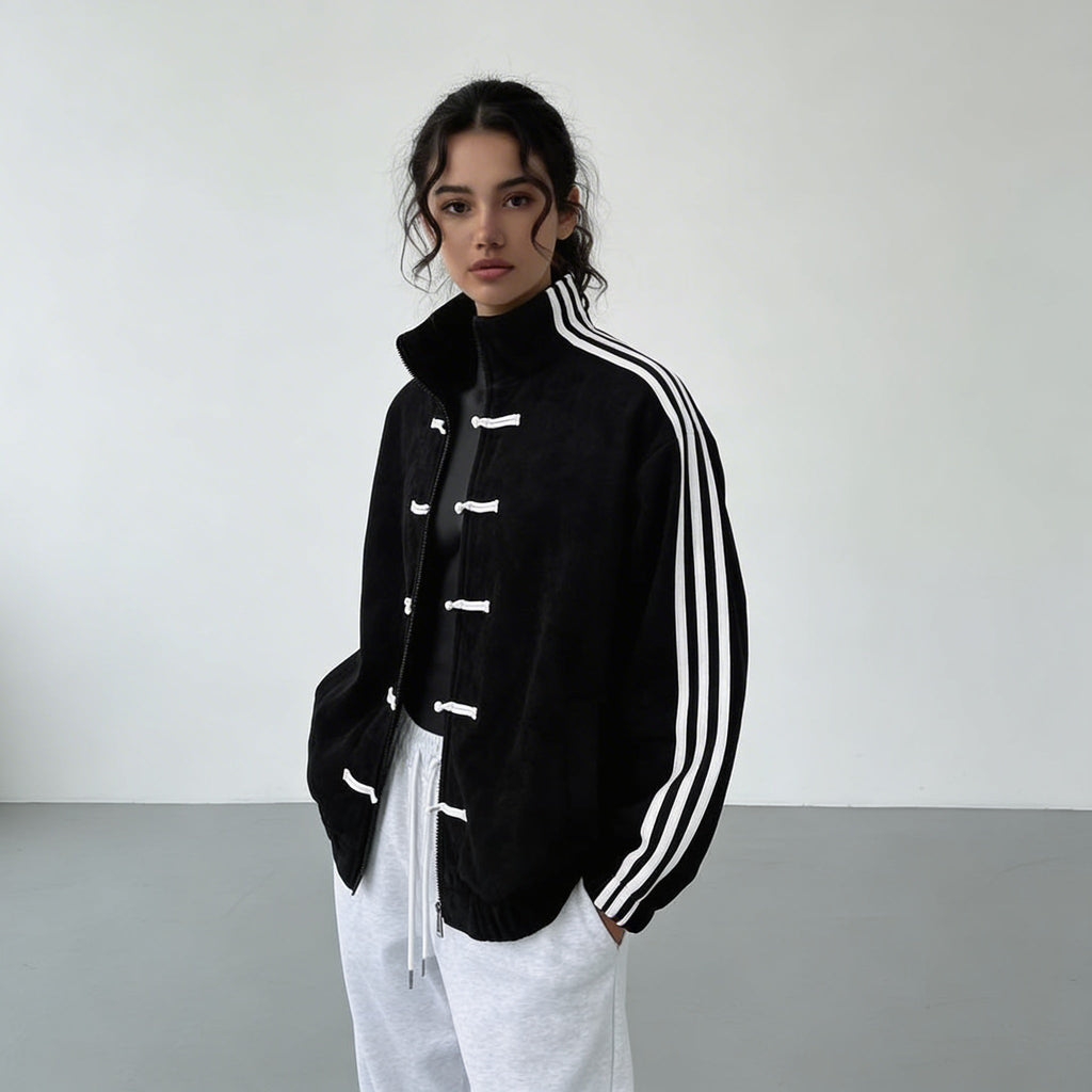 Retro Track Jacket with Button Loops & Contrast Stripes – Velour Look Zip Jacket