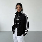 Retro Track Jacket with Button Loops & Contrast Stripes – Velour Look Zip Jacket
