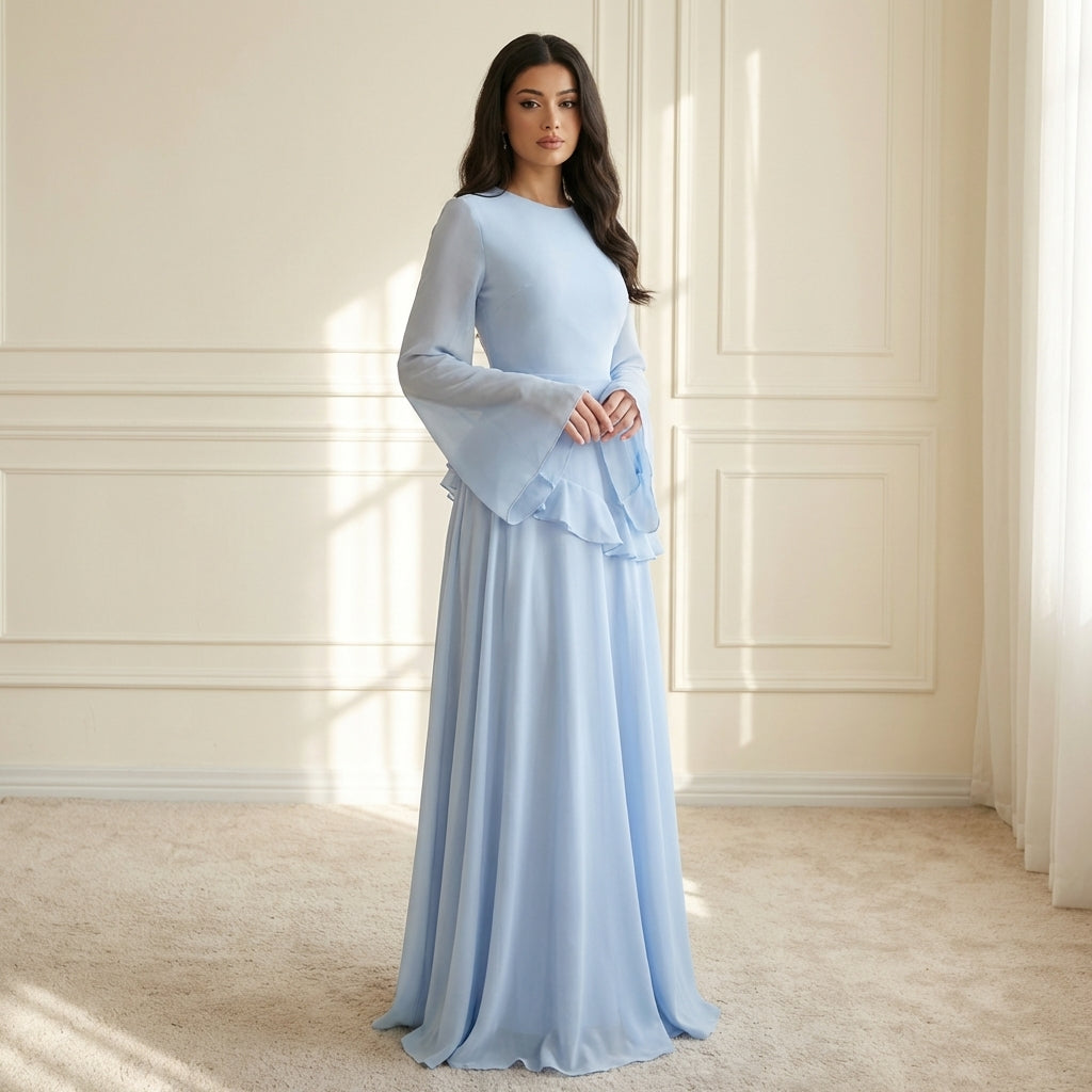 Ruffle Maxi Dress with Flare Sleeves – Women's Elegant Occasion Dress