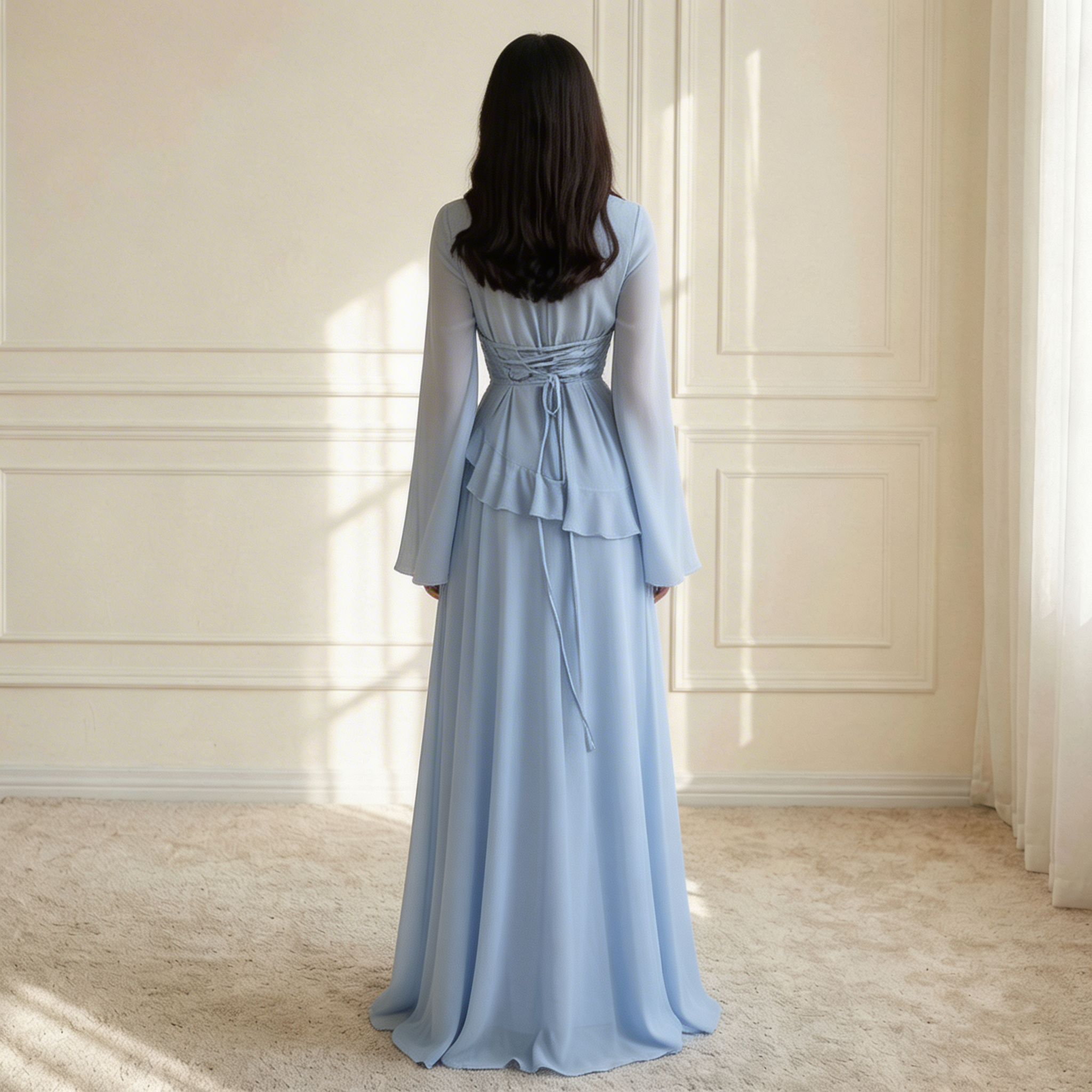 Ruffle Maxi Dress with Flare Sleeves – Women's Elegant Occasion Dress