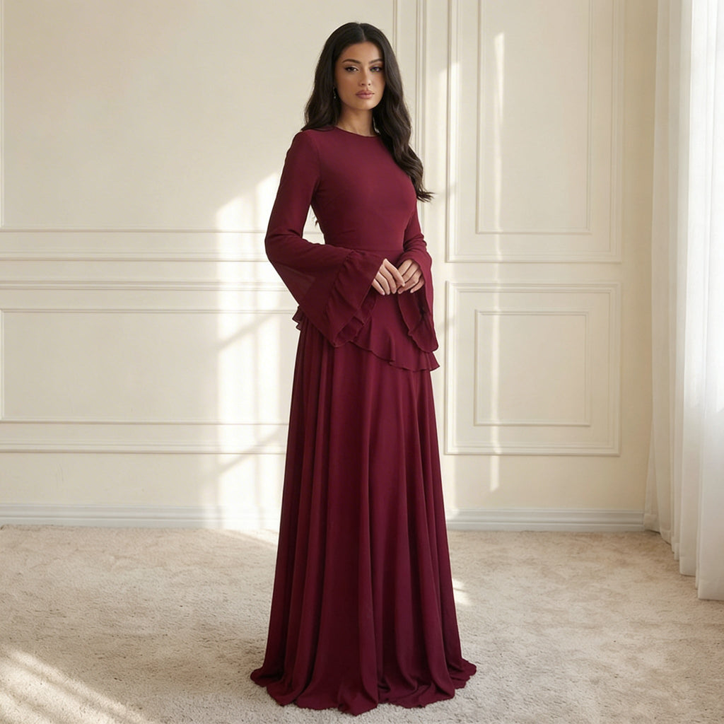 Ruffle Maxi Dress with Flare Sleeves – Women's Elegant Occasion Dress