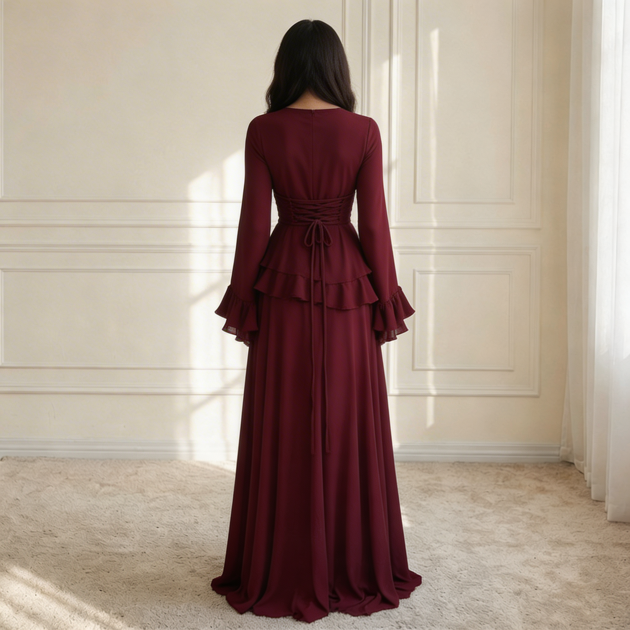 Ruffle Maxi Dress with Flare Sleeves – Women's Elegant Occasion Dress