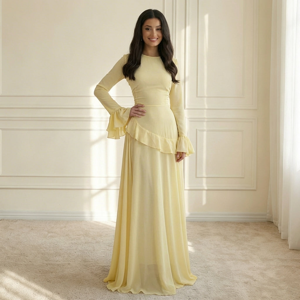 Ruffle Maxi Dress with Flare Sleeves – Women's Elegant Occasion Dress
