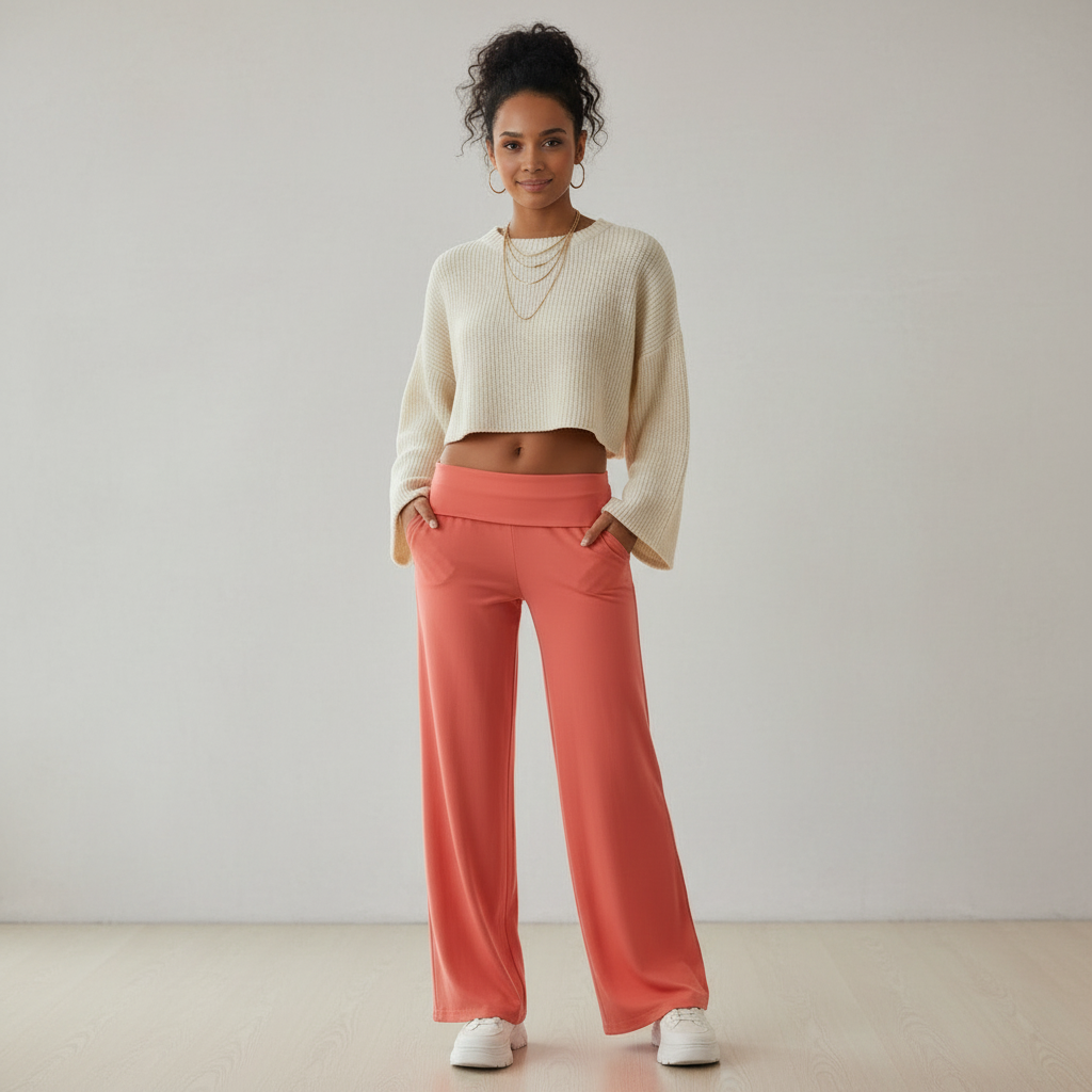 Women's High Waist Wide Leg Trousers with Stretch – Elastic Waistband