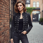 Military Denim Jacket with Decorative Buttons – Women's Statement Jacket