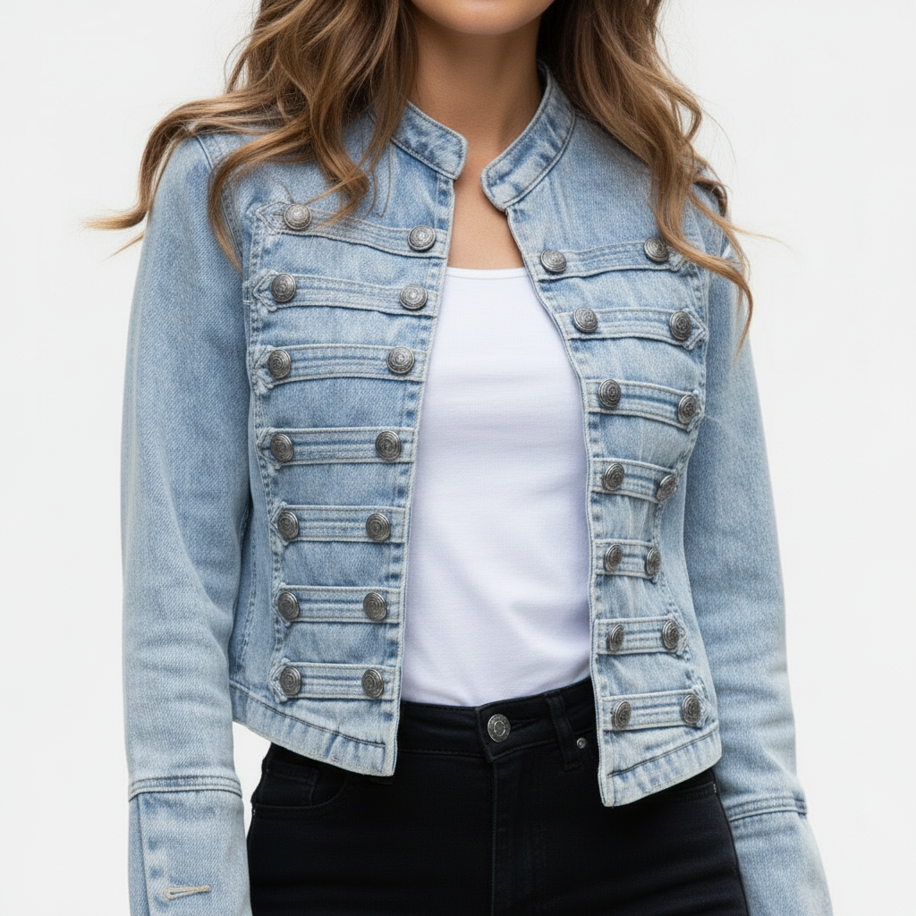 Military Denim Jacket with Decorative Buttons – Women's Statement Jacket