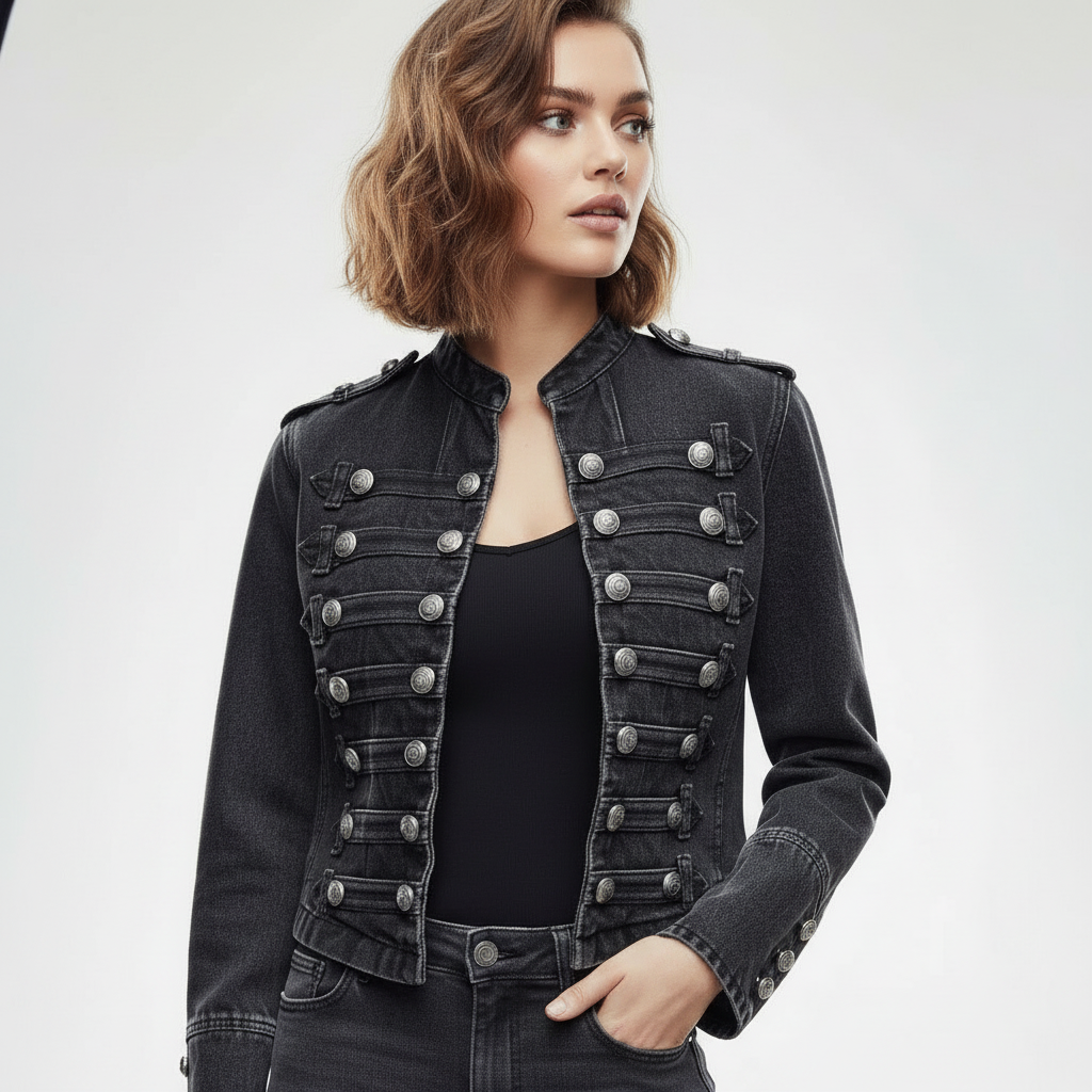 Military Denim Jacket with Decorative Buttons – Women's Statement Jacket