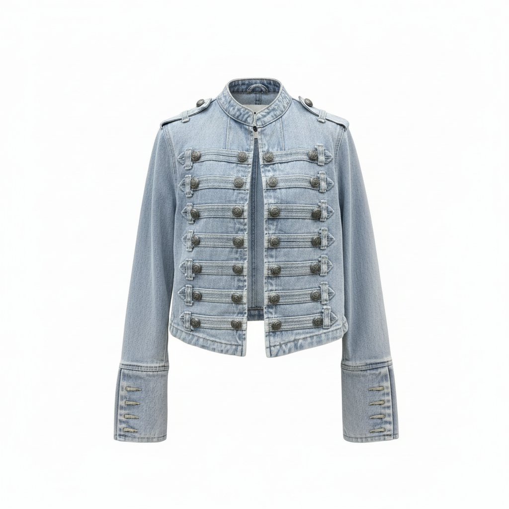 Military Denim Jacket with Decorative Buttons – Women's Statement Jacket