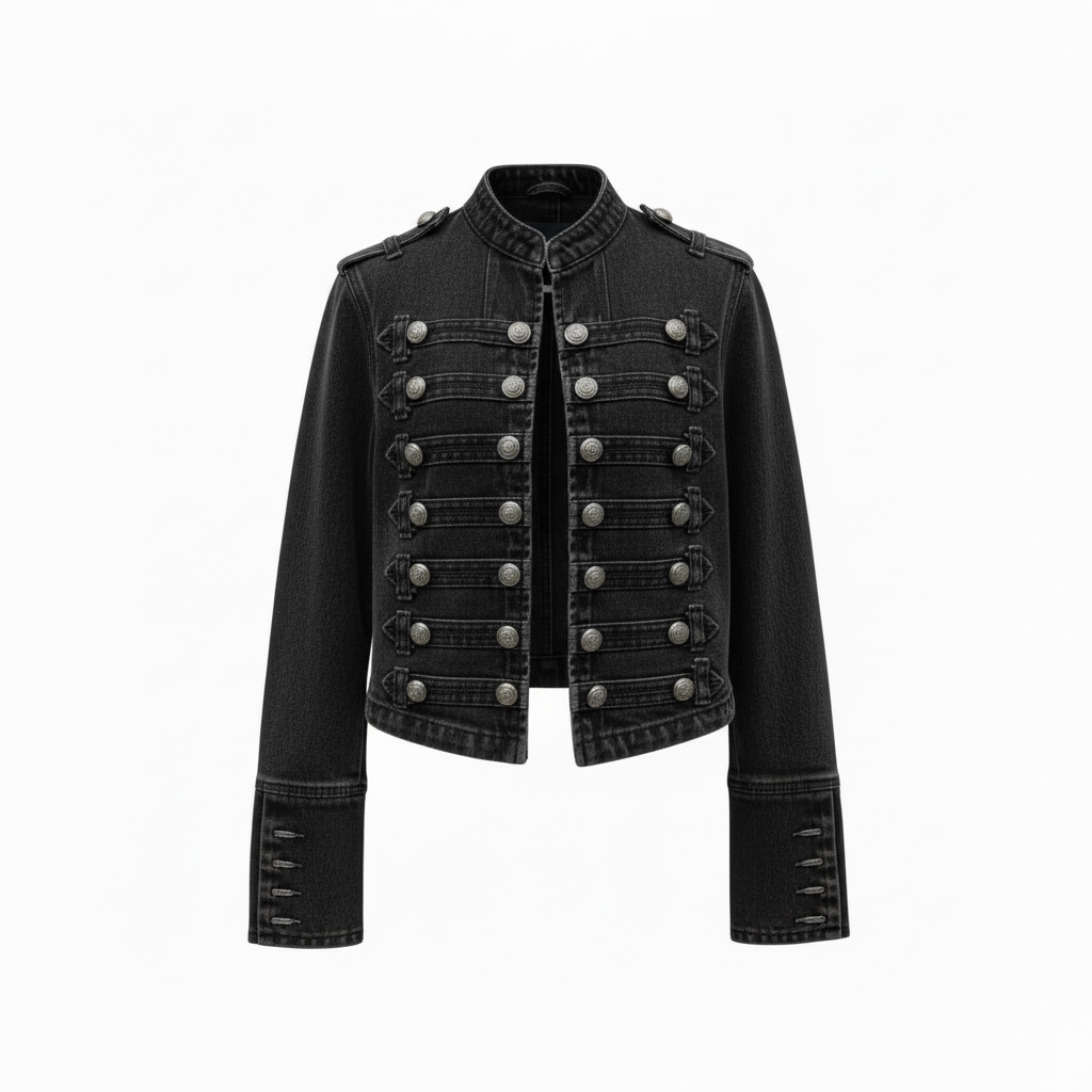 Military Denim Jacket with Decorative Buttons – Women's Statement Jacket