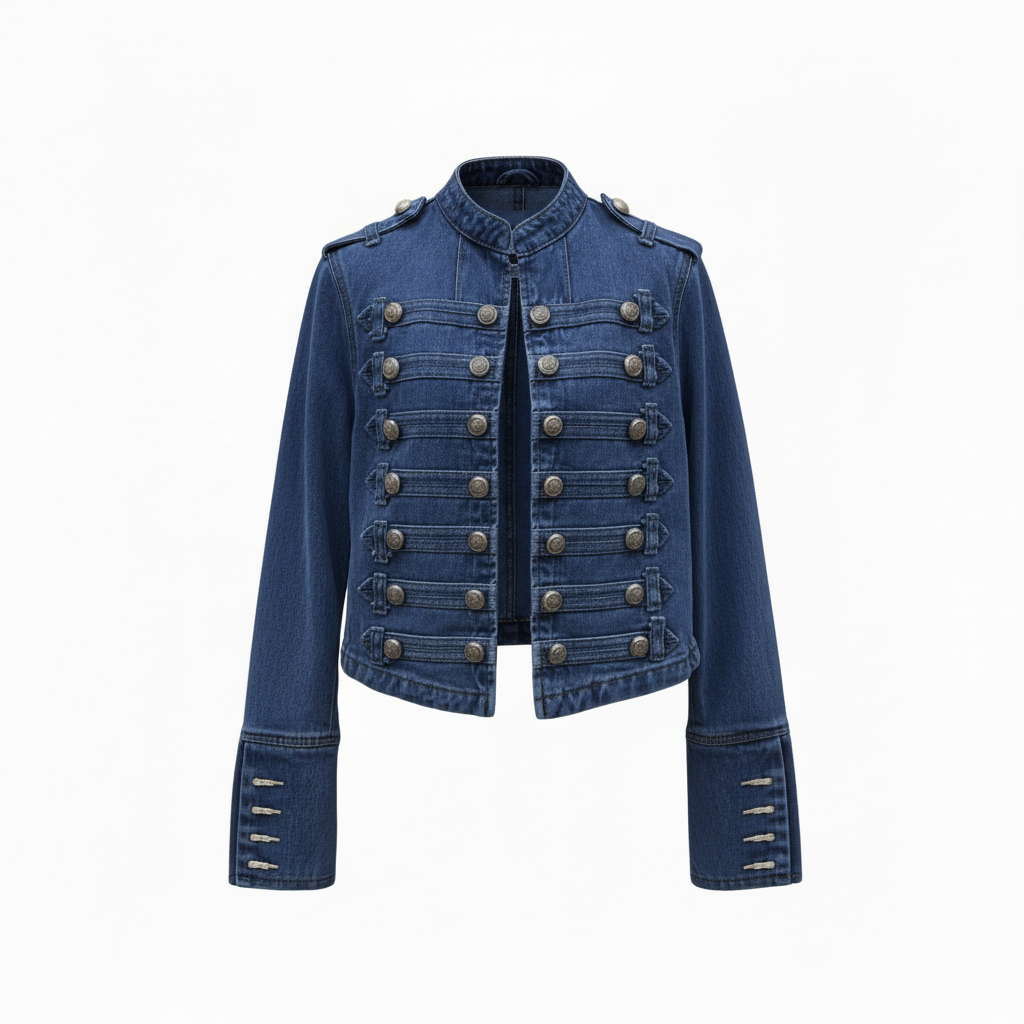 Military Denim Jacket with Decorative Buttons – Women's Statement Jacket