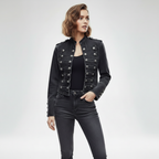 Military Denim Jacket with Decorative Buttons – Women's Statement Jacket