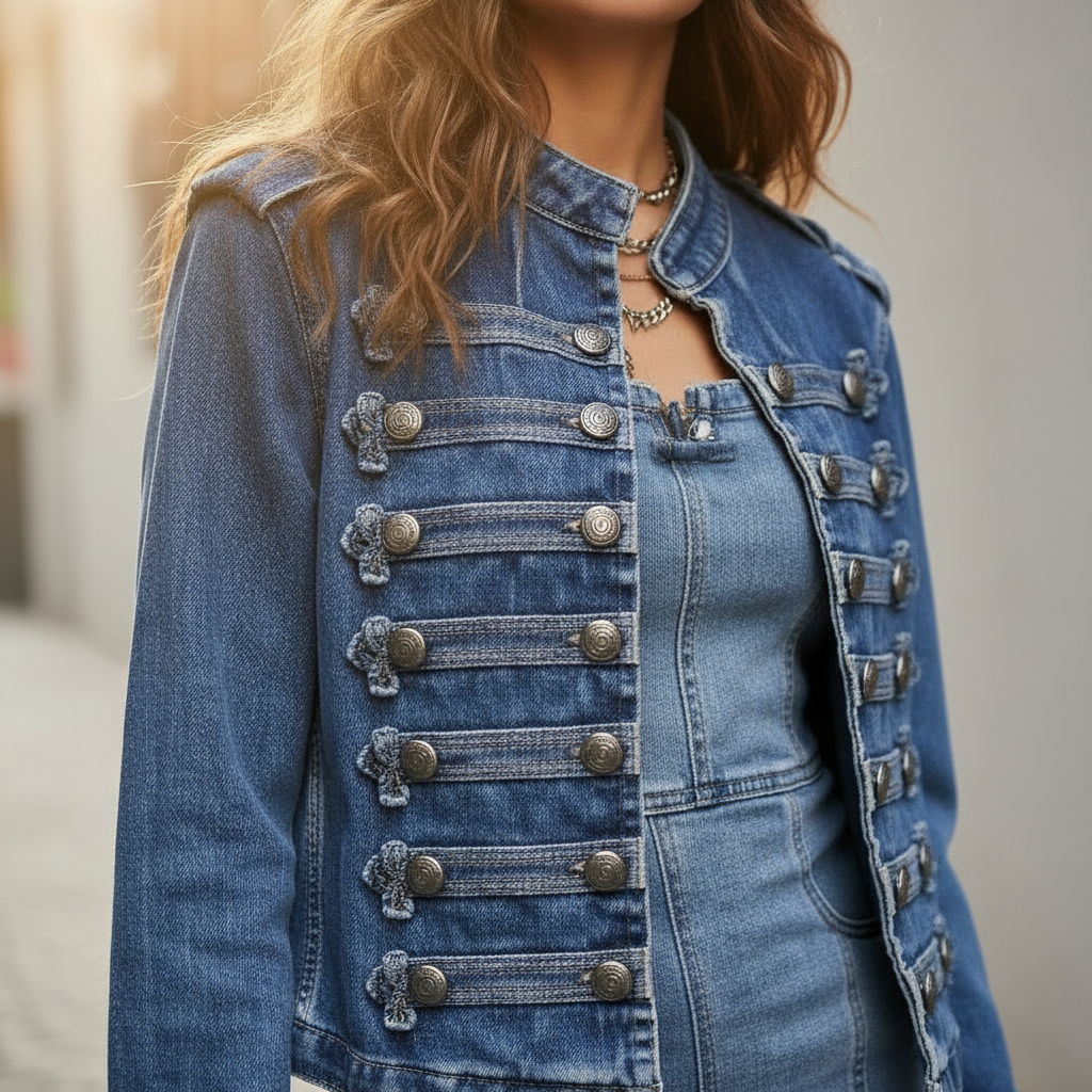 Military Denim Jacket with Decorative Buttons – Women's Statement Jacket