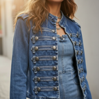 Military Denim Jacket with Decorative Buttons – Women's Statement Jacket
