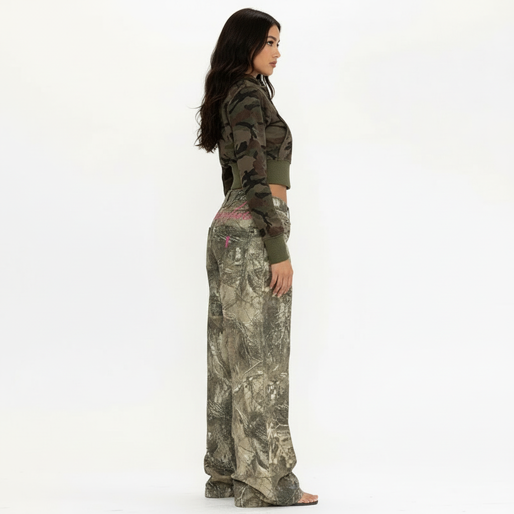 Camo Wide Leg Jeans with Pink Embroidery – Statement Streetwear Jeans
