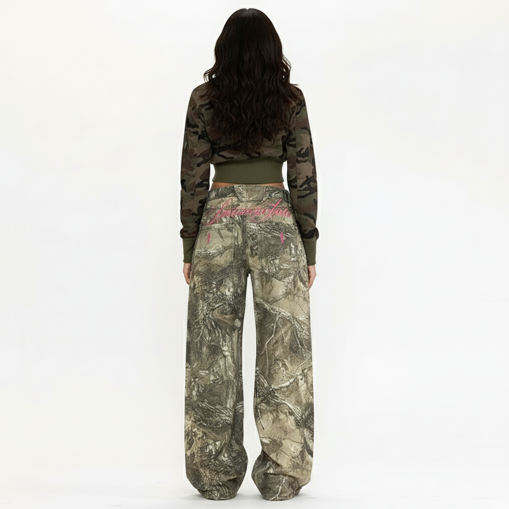 Camo Wide Leg Jeans with Pink Embroidery – Statement Streetwear Jeans