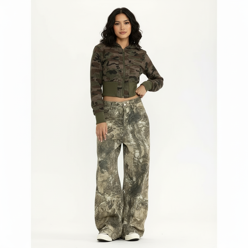 Camo Wide Leg Jeans with Pink Embroidery – Statement Streetwear Jeans