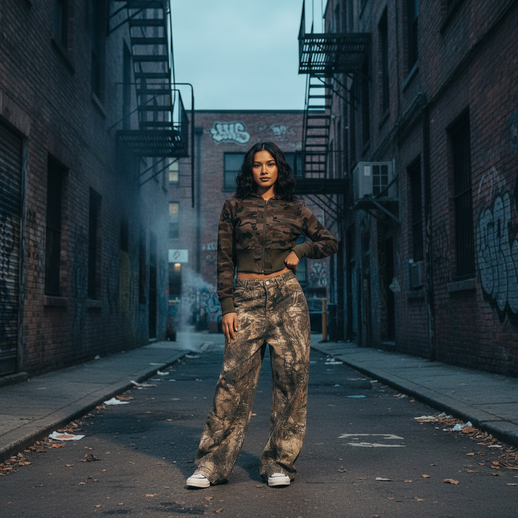 Camo Wide Leg Jeans with Pink Embroidery – Statement Streetwear Jeans