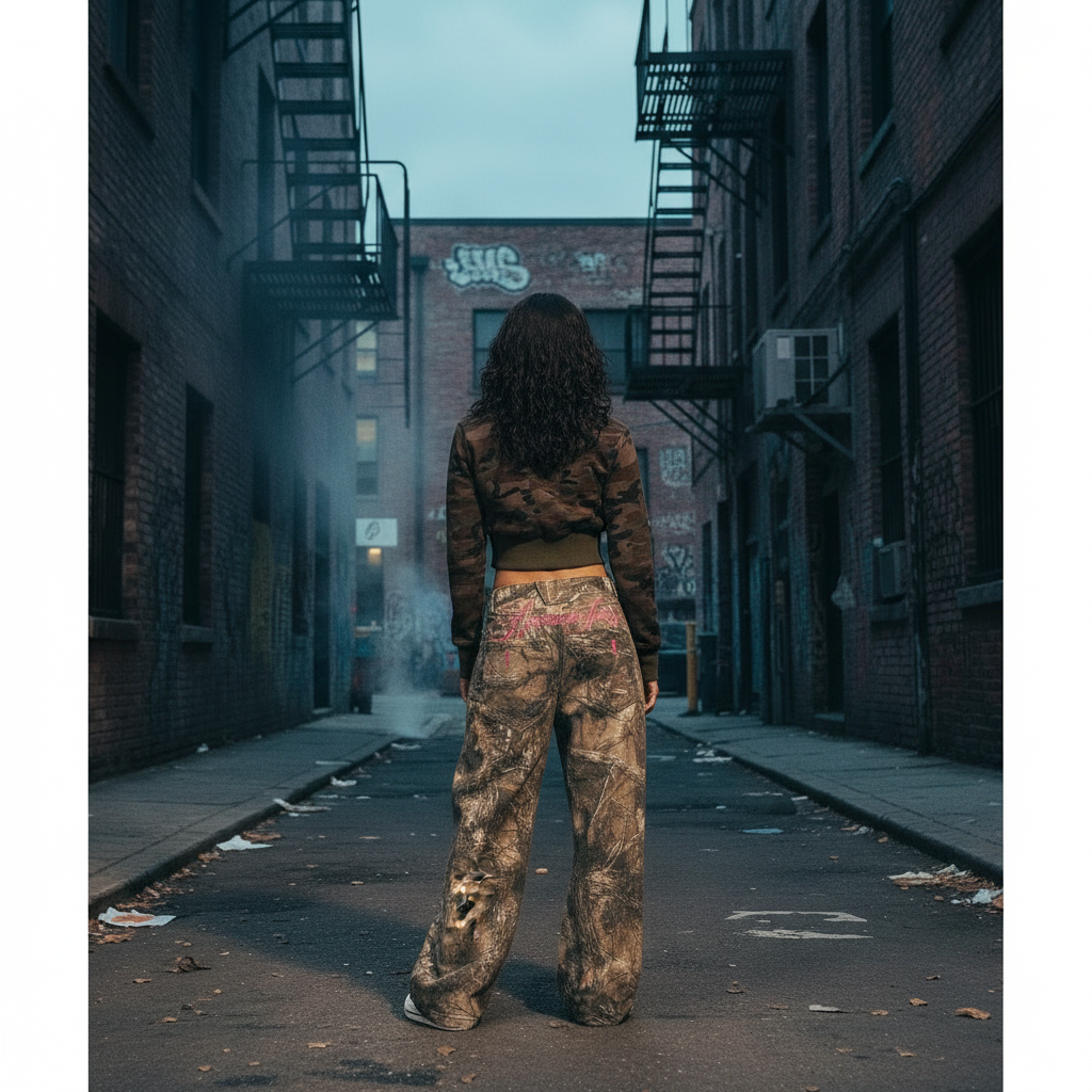 Camo Wide Leg Jeans with Pink Embroidery – Statement Streetwear Jeans