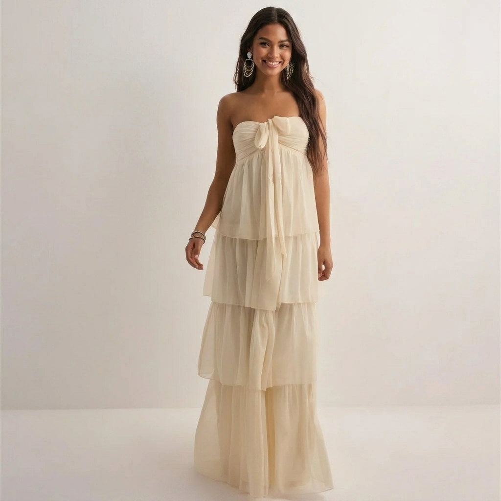Strapless Summer Dress with Layered Skirt & Adjustable Bow – Chiffon Look Sundress