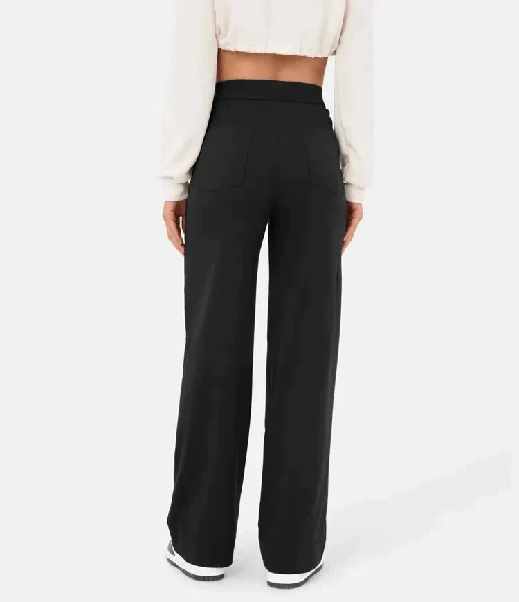 Women's High-Waisted Wide-Leg Stretch Trousers – Relaxed Full-Length Style for Work Travel and Everyday Wear
