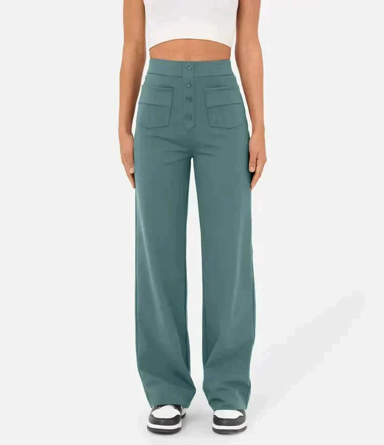 Women's High-Waisted Wide-Leg Stretch Trousers – Relaxed Full-Length Style for Work Travel and Everyday Wear