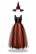 Women's Black and Orange Witch Costume with Lace-Up Dress, Belt and Hat