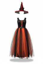 Women's Black and Orange Witch Costume with Lace-Up Dress, Belt and Hat