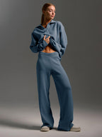 Knitted Lounge Set with Collared Jumper & Wide-Leg Trousers