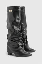 Slouch Boots with Low Heel & Pointed Toe – Women's Ruched Boots