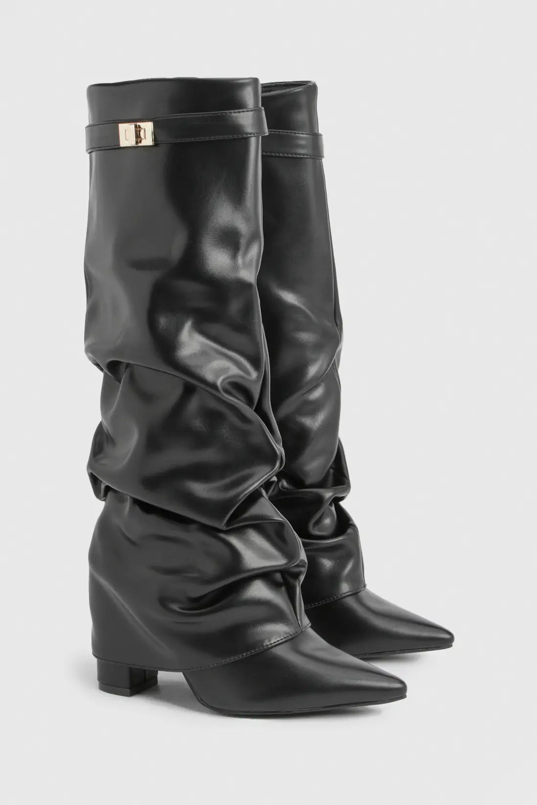 Slouch Boots with Low Heel & Pointed Toe – Women's Ruched Boots