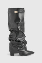 Slouch Boots with Low Heel & Pointed Toe – Women's Ruched Boots
