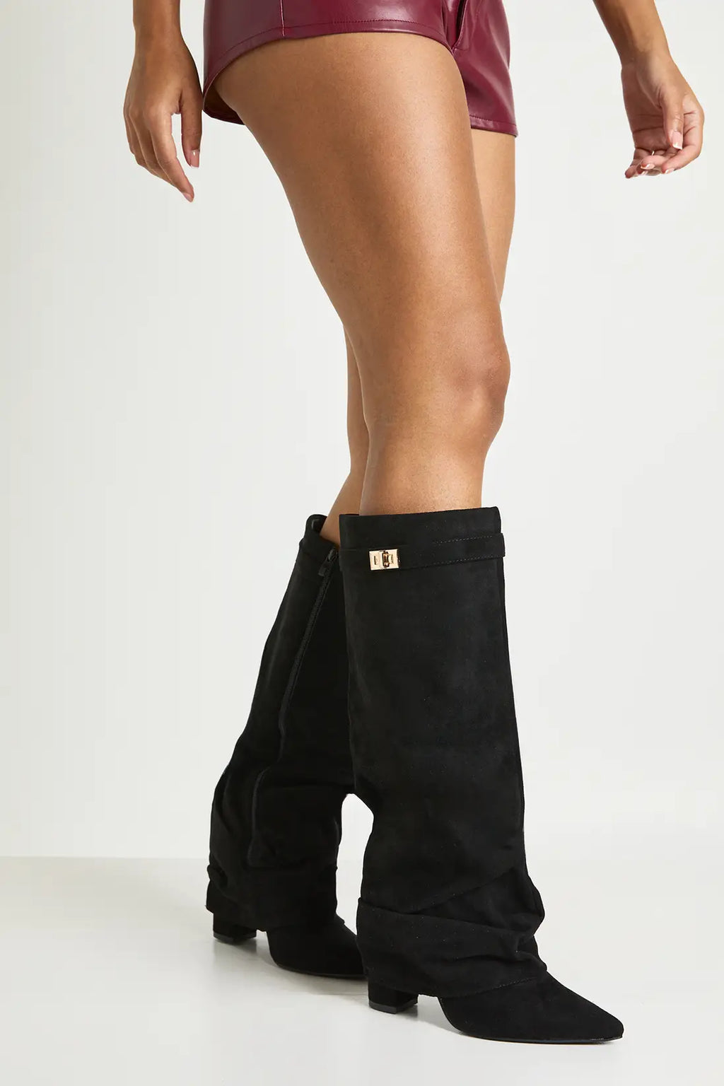 Slouch Boots with Low Heel & Pointed Toe – Women's Ruched Boots