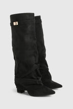 Slouch Boots with Low Heel & Pointed Toe – Women's Ruched Boots