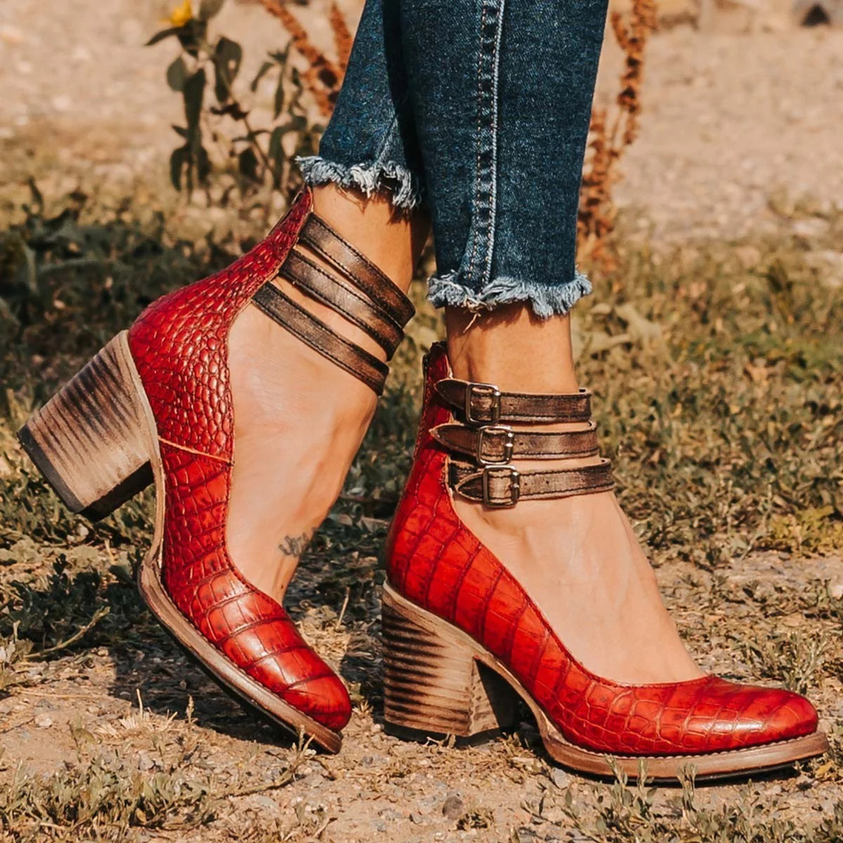 Block-Heel Buckle-Strap Leather Shoes