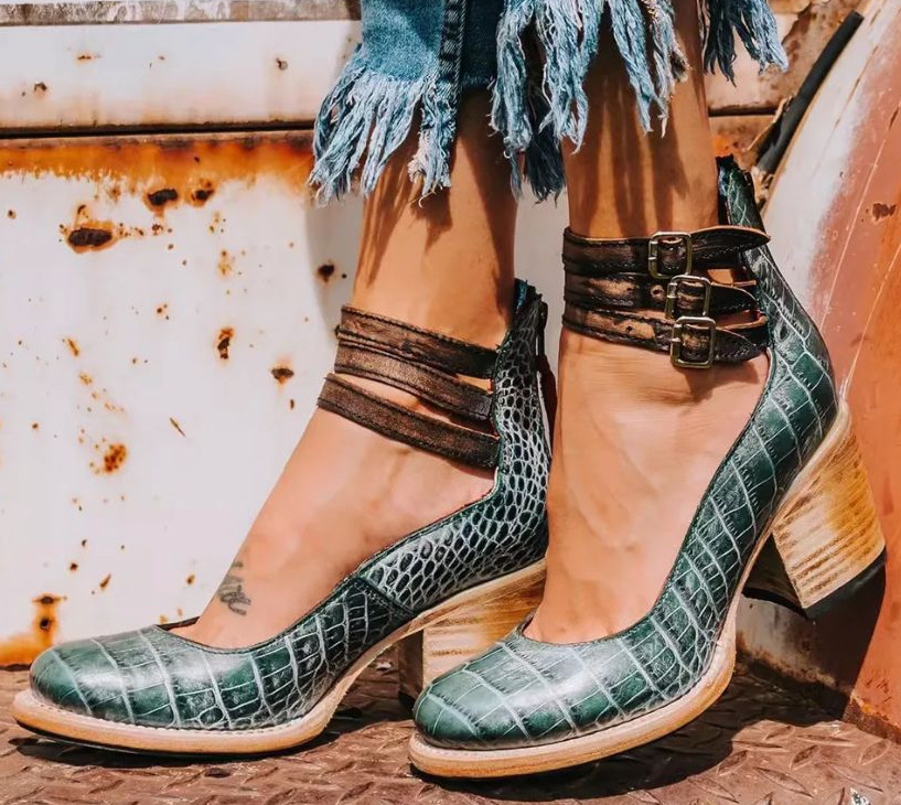 Block-Heel Buckle-Strap Leather Shoes