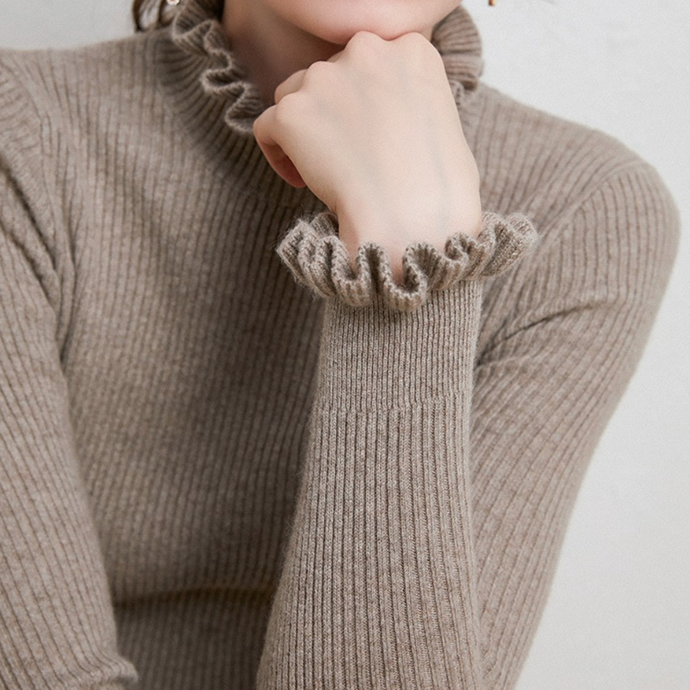 Women's Ribbed High-Neck Sweater with Ruffled Collar and Cuffs