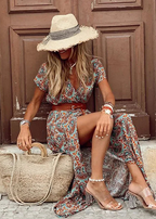 Floral Belted Boho Maxi Dress with Side Slit