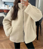 Women's Oversized Teddy Fleece Zip-Up Jacket with High Collar and Patch