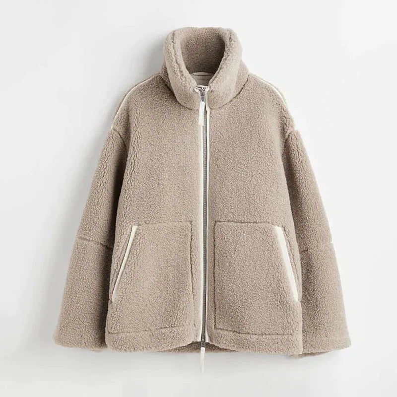 Women's Oversized Teddy Fleece Zip-Up Jacket with High Collar and Patch