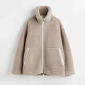 Women's Oversized Teddy Fleece Zip-Up Jacket with High Collar and Patch