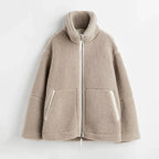Women's Oversized Teddy Fleece Zip-Up Jacket with High Collar and Patch