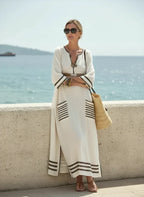 Linen Kaftan Maxi Dress – Striped V-Neck Casual Dress | Meave & Ivy