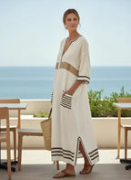 Linen Kaftan Maxi Dress – Striped V-Neck Casual Dress | Meave & Ivy