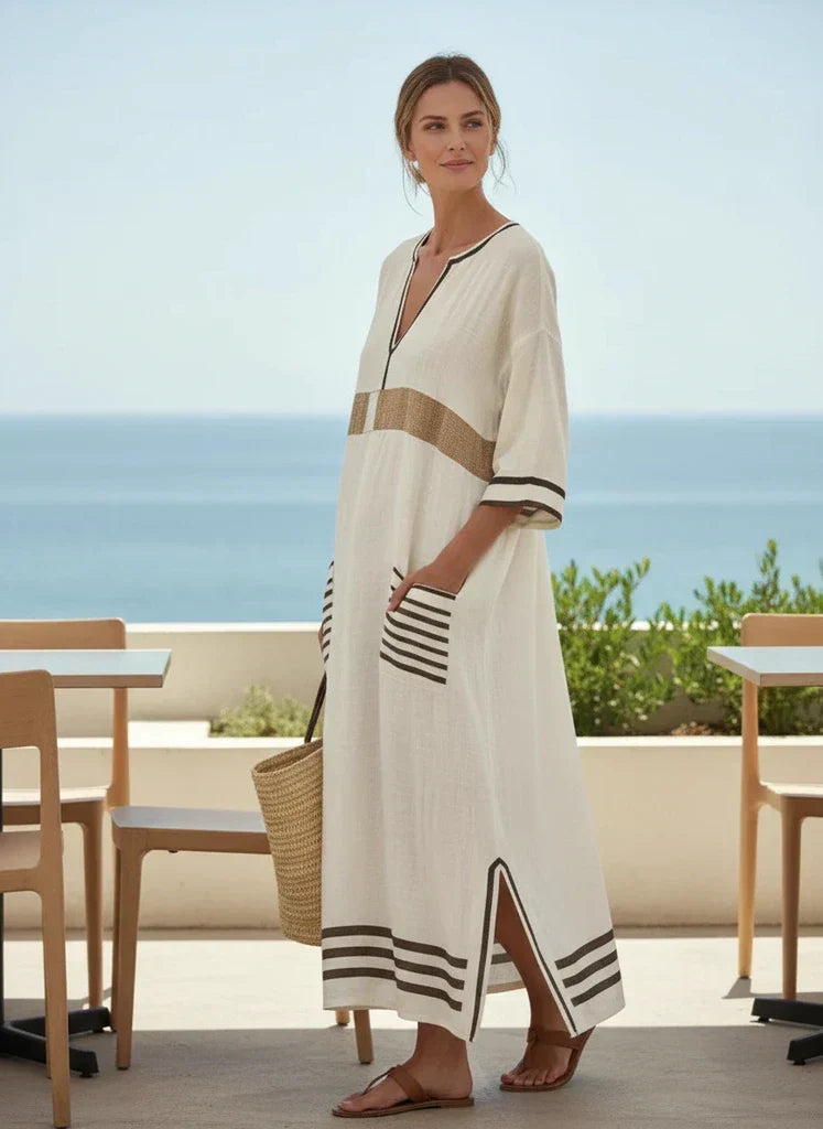 Linen Kaftan Maxi Dress – Striped V-Neck Casual Dress | Meave & Ivy