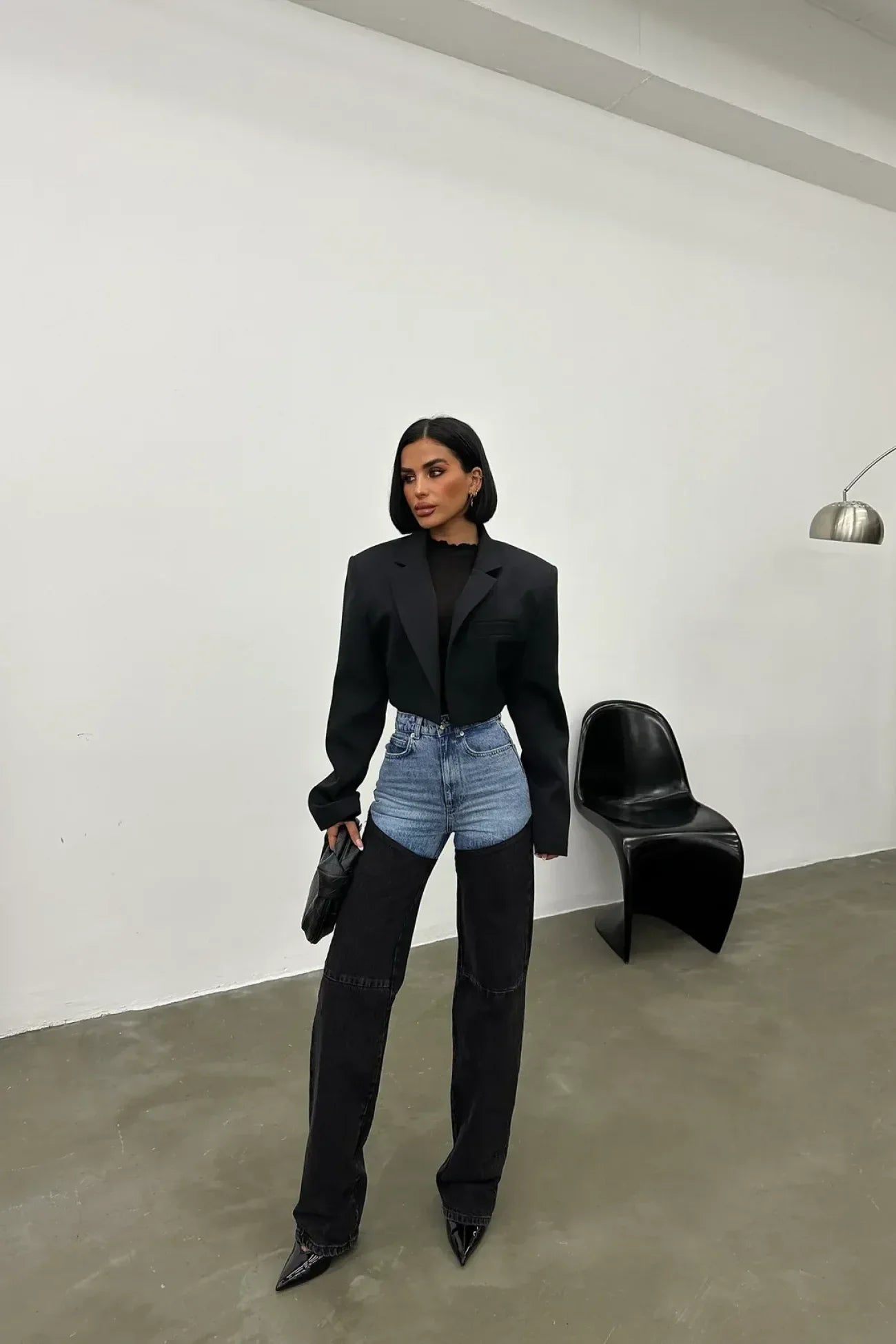 Two-Tone Patchwork Jeans - High-Waist Slim Straight Denim