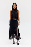 Satin Lace-Trim Top & A-Line Slit Skirt Set
