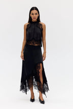 Satin Lace-Trim Top & A-Line Slit Skirt Set